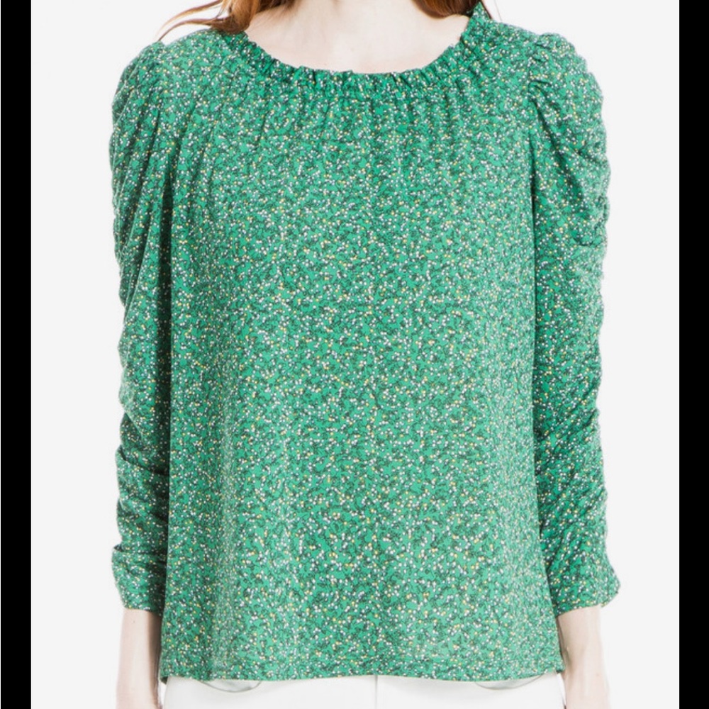 Max Studio XS Green Floral Ruched Sleeve Blouse